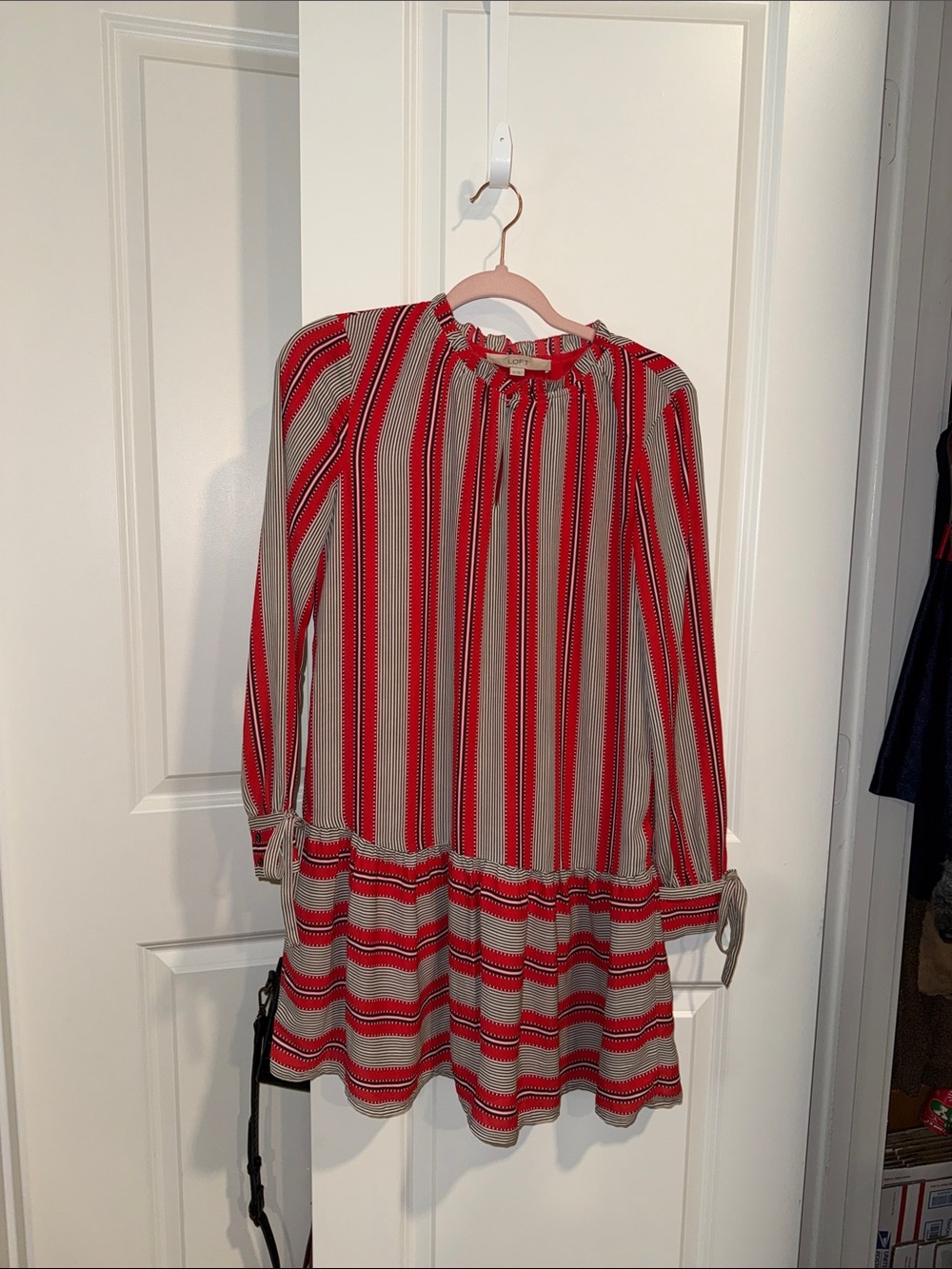 Loft size XS, Red Stripe Long-Sleeve Ruffle Hem Dress